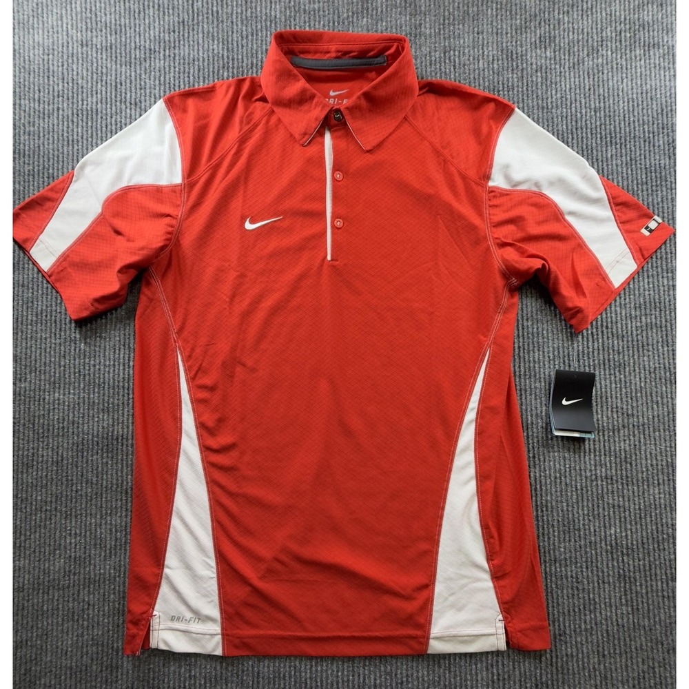 Nike Polo Shirt Mens Medium Red White Dri-FIT Golf Check Down Stay Cool New